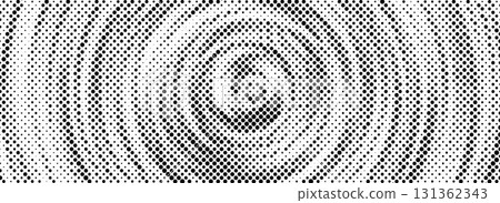 Black halftone concentric circle texture. Dots radial gradient background. Rippled repeating sound wave ring wallpaper. Vector rasterized backdrop for epicenter, target, radar signal, vibration 131362343