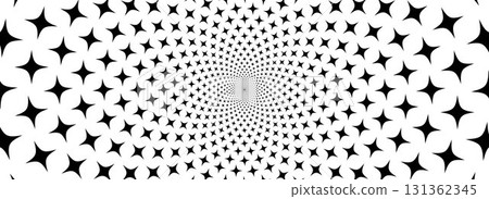 Stars optical illusion background. Black and white hypnotic rotating sparkles surface. Spinning spiral sparks poster design. Abstract trippy illusion wallpaper for banner, template design. Vector Stars optical illusion background. Black and white hypnotic rotating sparkles surface. Spinning spiral sparks poster design. Abstract trippy illusion wallpaper for banner, template design. Vector 131362345