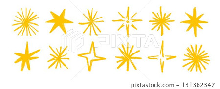 Gold crayon hand drawn stars and sparkles set. Golden rough brush stroke shine element pack for collage, poster, sticker, label. Yellow doodle sparks collection. Sketched pencil asterisks. Vector 131362347