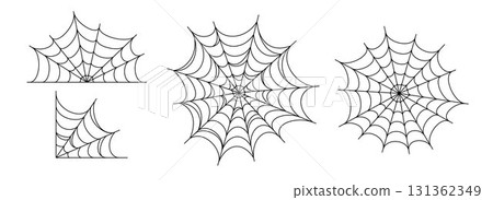Black spooky spider web collection. Creepy cobweb set. Halloween frame and borders elements for banner, poster, decoration. Linear corner scary tangled net bundle. Vector Haloween outline pack 131362349
