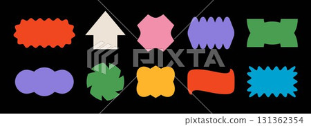 Bright colorful abstract sticker shape set. Groovy geometric frame pack for badge, tag, label, banner, poster, sign, flyer, logo. Retro pop art border element collection. Vector various patch bundle Bright colorful abstract sticker shape set. Groovy geometric frame pack for badge, tag, label, banner, poster, sign, flyer, logo. Retro pop art border element collection. Vector various patch bundle 131362354
