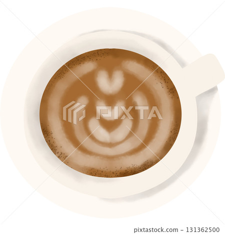 Top view illustration of a coffee cup with beautiful latte art design. A cozy and warm beverage illustration perfect for cafe coffee shop, or breakfast themed designs. 131362500