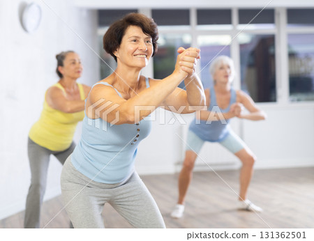Group of elderly woman dancing in fitness studio 131362501