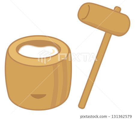 Illustration of pounding rice cakes with a mortar and pestle 131362579