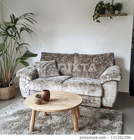 White couch with a brown throw sits in front of a wooden coffee table 131362706