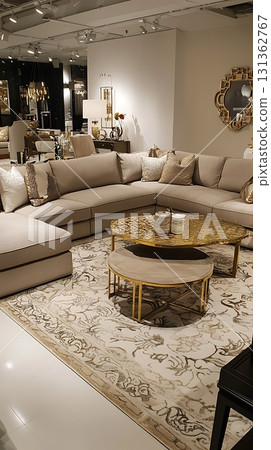 Living room with a large sectional couch and a coffee table 131362767