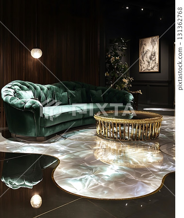 Green couch is sitting in front of a gold coffee table 131362768
