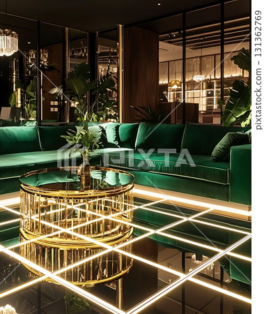 Living room with a green couch and a gold coffee table 131362769