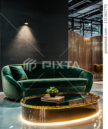 Green couch is sitting in front of a coffee table with a potted plant on it 131362770