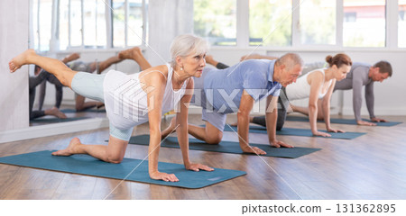 Elderly woman doing pilates in group 131362895