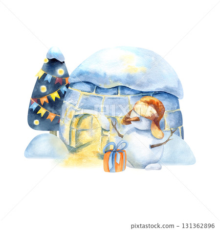 New Year composition with igloo, snowman, Christmas tree, snowdrift and gift box. Watercolor children illustration isolated from background. Holiday decoration design for Packaging, greeting card 131362896