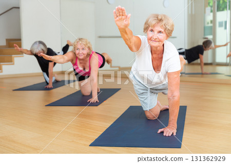 Group of aged ladies doing hands and knees balance 131362929