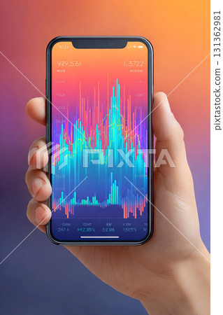 Colorful financial graph displayed on smartphone held in hand Colorful financial graph displayed on smartphone held in hand 131362981