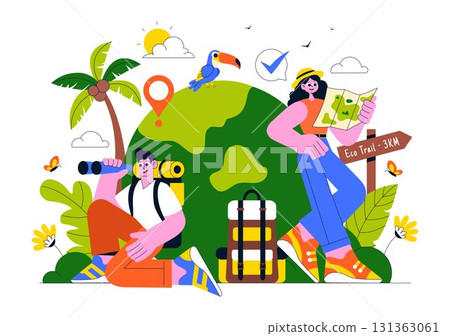 Eco Tourism Travel Destination Illustration Featuring Nature Tourism for Environmental Conservation, Local Culture, and Community Empowerment 131363061
