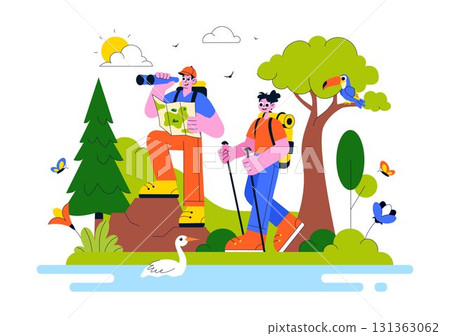 Eco Tourism Travel Destination Illustration Featuring Nature Tourism for Environmental Conservation, Local Culture, and Community Empowerment 131363062