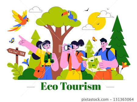 Eco Tourism Travel Destination Illustration Featuring Nature Tourism for Environmental Conservation, Local Culture, and Community Empowerment 131363064