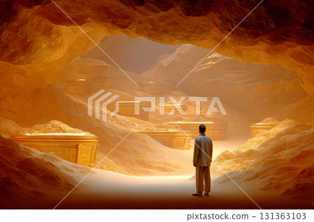 Man standing inside golden cave with treasure chest and sand 131363103