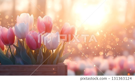 Beautiful Tulips in a Wooden Box with Soft Sunrise Background and Sparkling Bokeh Effects Beautiful Tulips in a Wooden Box with Soft Sunrise Background and Sparkling Bokeh Effects 131363124