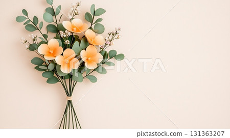 Beautiful Orange Paper Flowers with Green Leaves on Neutral Background for Decoration 131363207