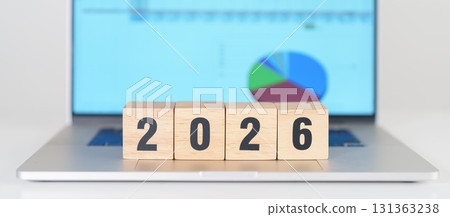 Happy New Year 2026 block with computer laptop background. Goal, Target, Resolution, strategy, plan, Action, mission, motivation, and New Year start concepts 131363238