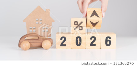 2026 New Year with percentage change to UP and Down arrow with car and Home model. Car loan, Interest rate, real estate, house, Insurance, Financial, Repair, Tax, mortgage and Maintenance 2026 New Year with percentage change to UP and Down arrow with car and Home model. Car loan, Interest rate, real estate, house, Insurance, Financial, Repair, Tax, mortgage and Maintenance 131363270