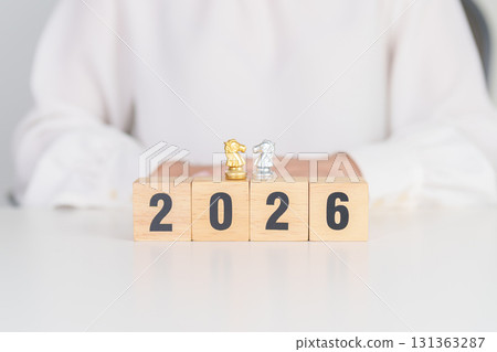 Happy New Year 2026 year block with horse chess. Year of the Horse, animals of the Chinese zodiac, horoscope, success and good fortune Happy New Year 2026 year block with horse chess. Year of the Horse, animals of the Chinese zodiac, horoscope, success and good fortune 131363287