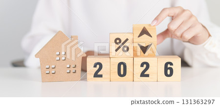 2026 New Year with percentage change to UP and Down arrow with Home model. Real estate Mortgage, Refinance, House loan and debt, Interest rate, Insurance, Financial and Property Tax 2026 New Year with percentage change to UP and Down arrow with Home model. Real estate Mortgage, Refinance, House loan and debt, Interest rate, Insurance, Financial and Property Tax 131363297
