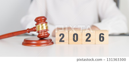 Happy New Year 2026 with judge gavel on table. Law, lawyer, judgment, justice auction and bidding concept 131363300