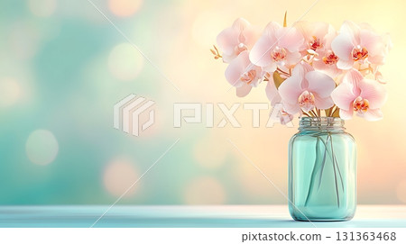Beautiful Pink Orchid Flowers in a Glass Jar Against a Soft Blurred Background 131363468