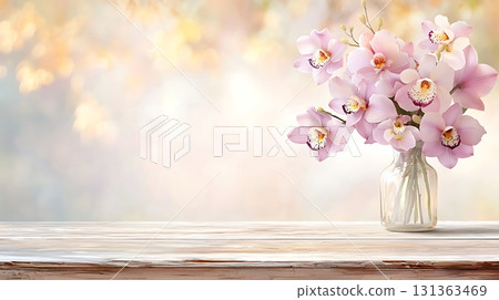 Elegant Pink Orchids in Vintage Glass Vase on Rustic Wooden Table with Soft Background 131363469