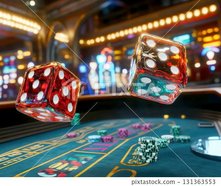 Vibrant casino scene depicting rolling dice and colorful chips. Vibrant casino scene depicting rolling dice and colorful chips. 131363553