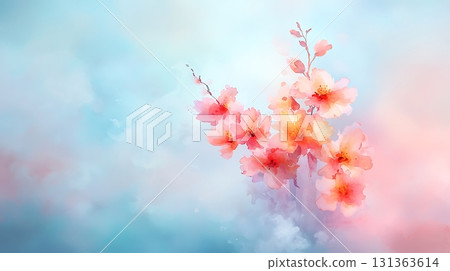 Delicate Blossom Arrangement with Soft Pastel Background in Artistic Watercolor Style 131363614