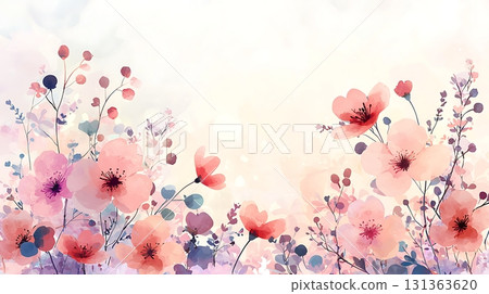 Delicate Watercolor Floral Arrangement with Soft Pastel Colors and Abstract Background 131363620