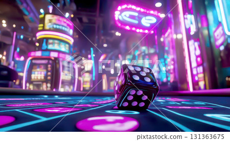 Vibrant nightlife scene with neon lights and dice on table. 131363675