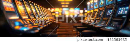 A vibrant scene of illuminated slot machines in a casino. 131363685