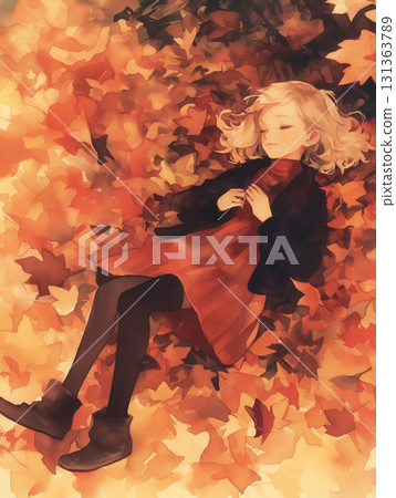 水彩畫風格的落葉散落在地面，讓人聯想到秋天的到來。紅葉，落葉，自然美景，風景 131363789