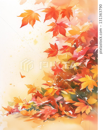 水彩畫風格的落葉散落在地面，讓人聯想到秋天的到來。紅葉，落葉，自然美景，風景 131363790
