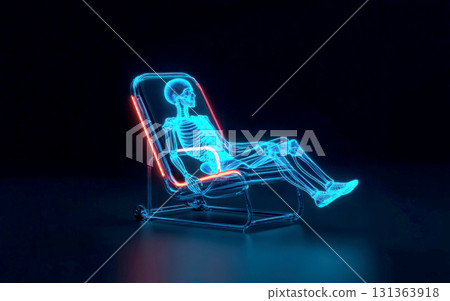 Neon skeleton in a chair demonstrating relaxation and calmness. Neon skeleton in a chair demonstrating relaxation and calmness. 131363918
