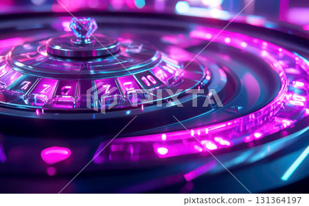 Close-up view of a vibrant roulette wheel with neon lighting. Close-up view of a vibrant roulette wheel with neon lighting. 131364197