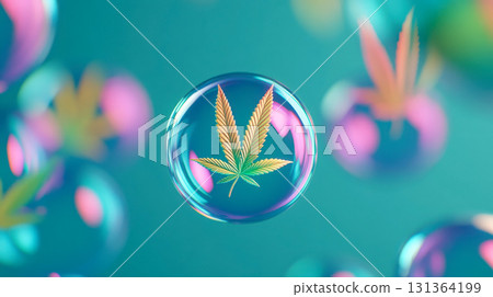Colorful bubbles with cannabis leaves create a vibrant visual effect. Colorful bubbles with cannabis leaves create a vibrant visual effect. 131364199