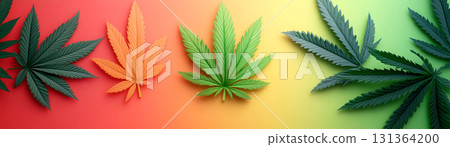 Colorful cannabis leaves arranged in a vibrant gradient display. 131364200