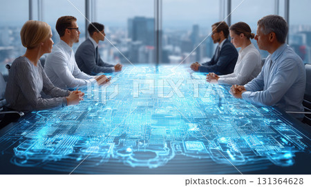 Business meeting with digital technology interface 131364628