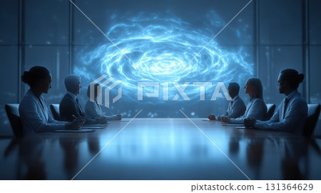 Business meeting with galaxy projection, futuristic atmosphere 131364629