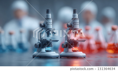 Microscopes in laboratory setting with colorful flasks 131364634