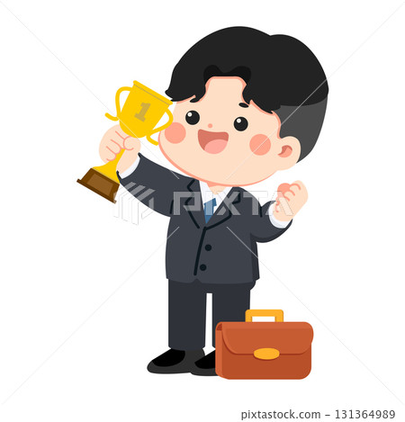 Cartoon Businessman Holding a Trophy with Briefcase 131364989