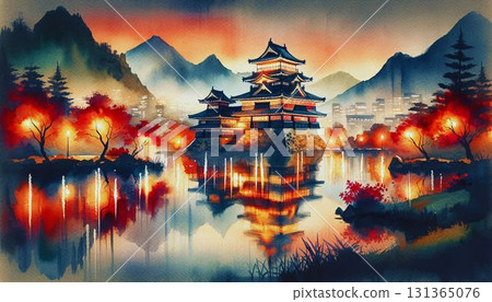Illustration of a Japanese castle and autumn leaves at night Illustration of a Japanese castle and autumn leaves at night 131365076