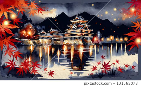 夜晚的日本城堡和秋葉的插圖 131365078