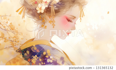 A Caucasian woman in a kimono stands out against a watercolor background with a Japanese atmosphere. A landscape that combines traditional Japanese beauty with exotic charm. 131365132