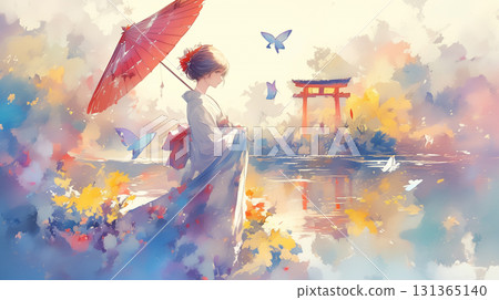 在這幅現代日本插畫中，美麗的水彩風格日本風景與身著和服的白人女性和諧相處。 | 傳統文化與異國情調 131365140