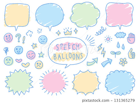 一組彩色手寫氣泡、臉部標記和箭頭(凹凸線) 一組彩色手寫氣泡、臉部標記和箭頭(凹凸線) 131365279